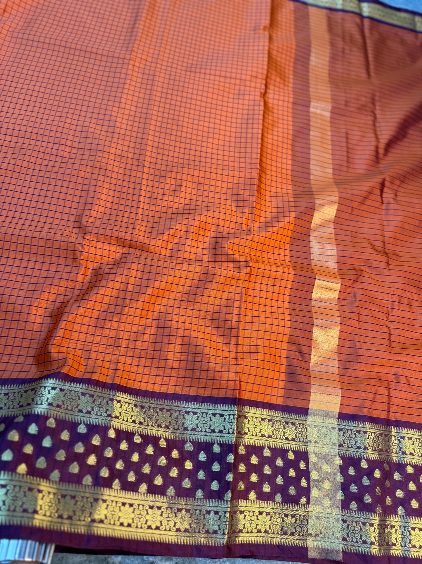 Rust Orange Banarasi Soft Silk Saree with Check Weaving & Rich Contrast Pallu - ROBSS01