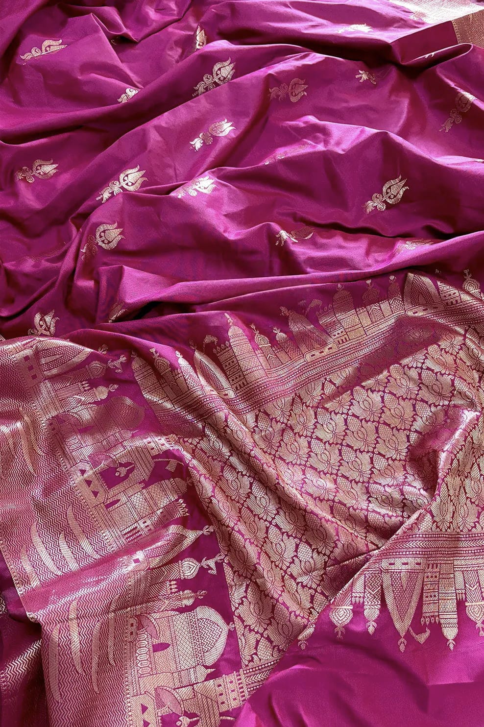 Banarasi Semi Katan Silk Saree – Ghat Border with Trishul Buti - BGBTBS057