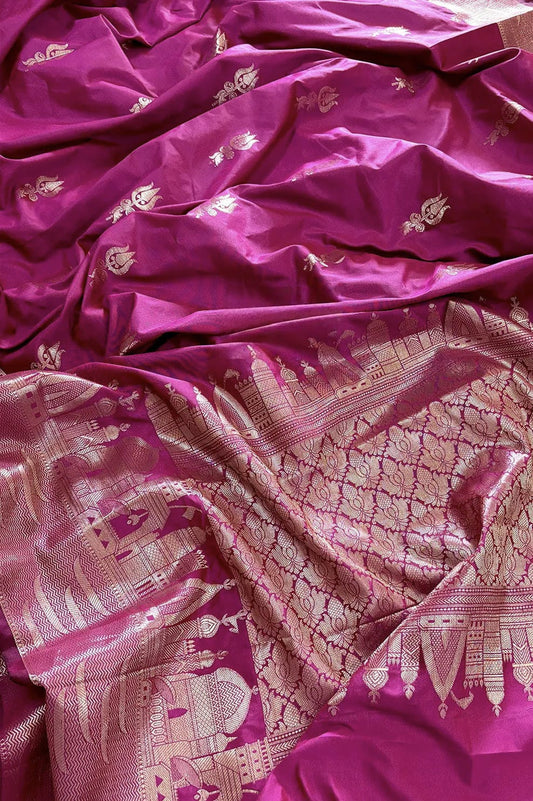 Banarasi Semi Katan Silk Saree – Ghat Border with Trishul Buti - BGBTBS057