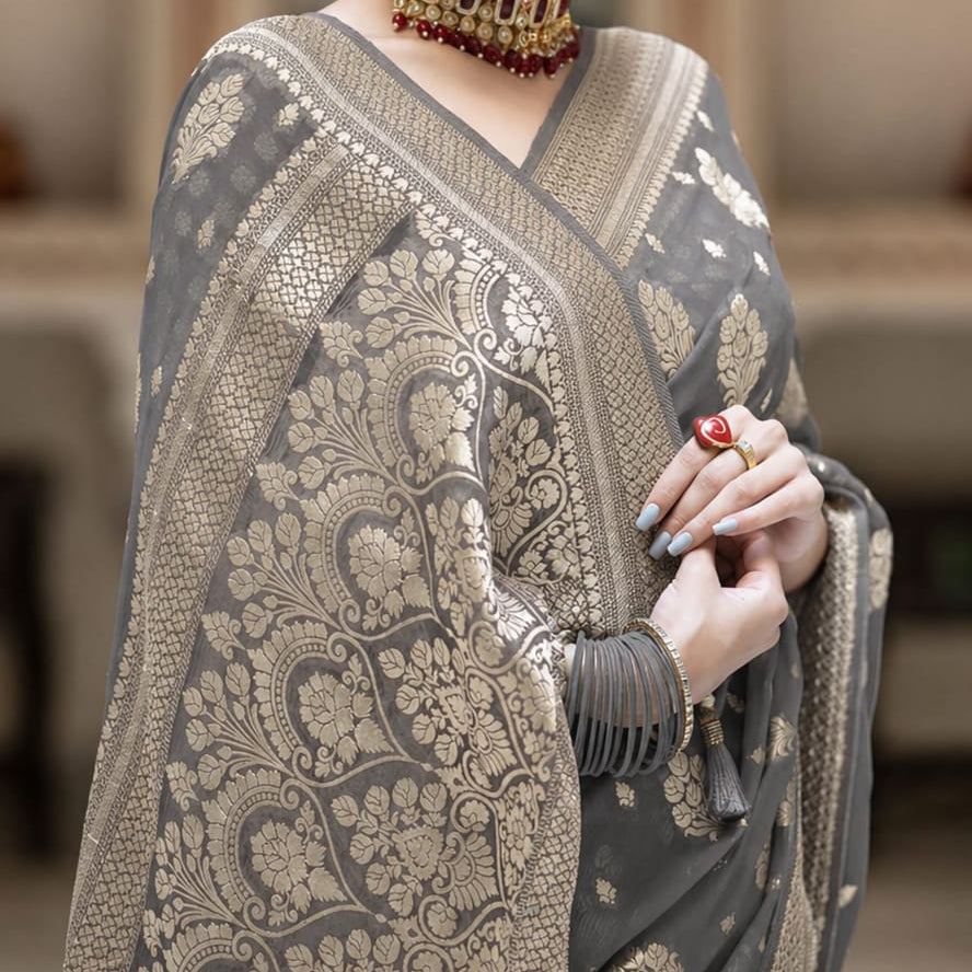 Grey Banarasi Georgette Silk Saree - DGBGS084