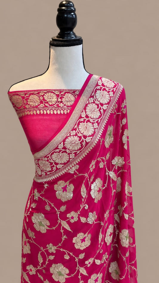 Banarasi Georgette Silk Saree with Silver Mina Jaal Weaving - BGSMJ057