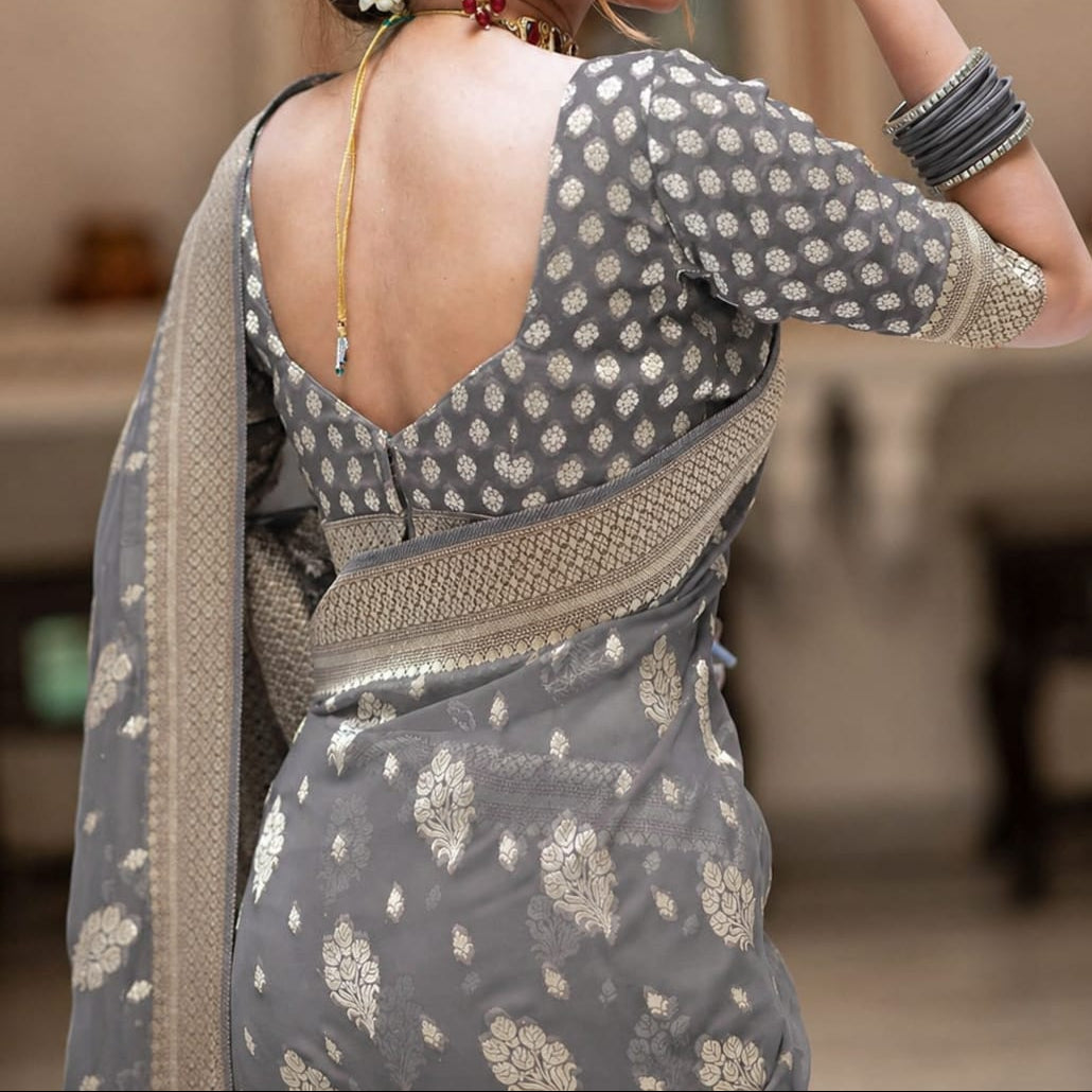 Grey Banarasi Georgette Silk Saree - DGBGS084