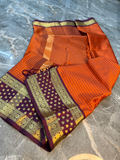 Rust Orange Banarasi Soft Silk Saree with Check Weaving & Rich Contrast Pallu - ROBSS01