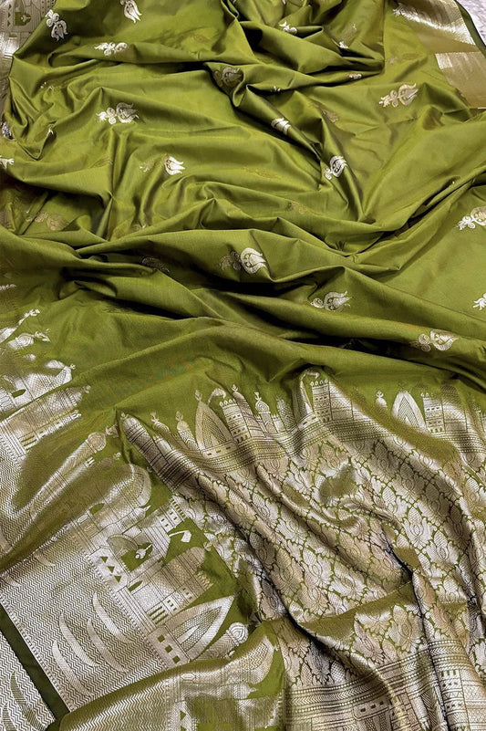 Banarasi Semi Katan Silk Saree – Ghat Border with Trishul Buti - BGBTBS052