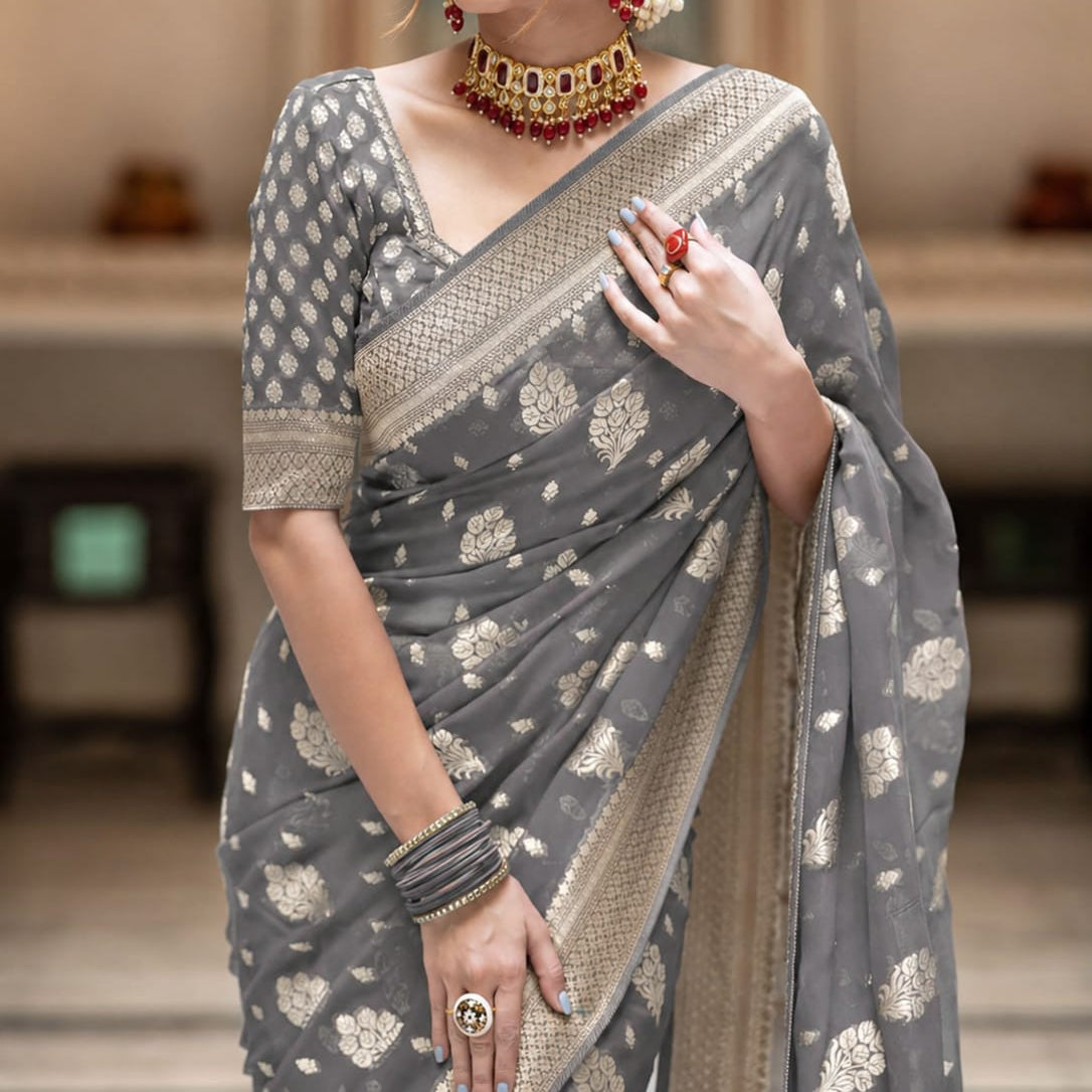 Grey Banarasi Georgette Silk Saree - DGBGS084