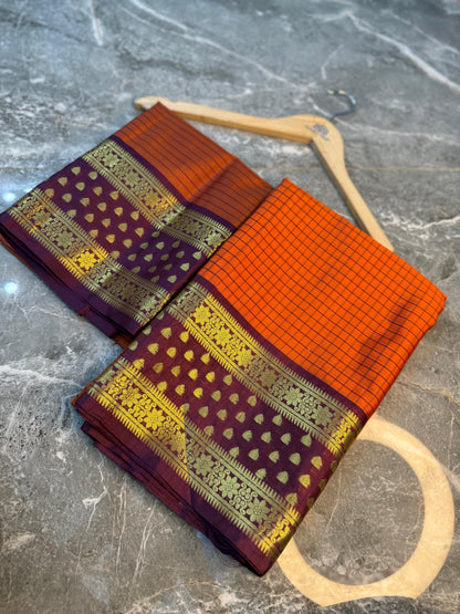 Rust Orange Banarasi Soft Silk Saree with Check Weaving & Rich Contrast Pallu - ROBSS01