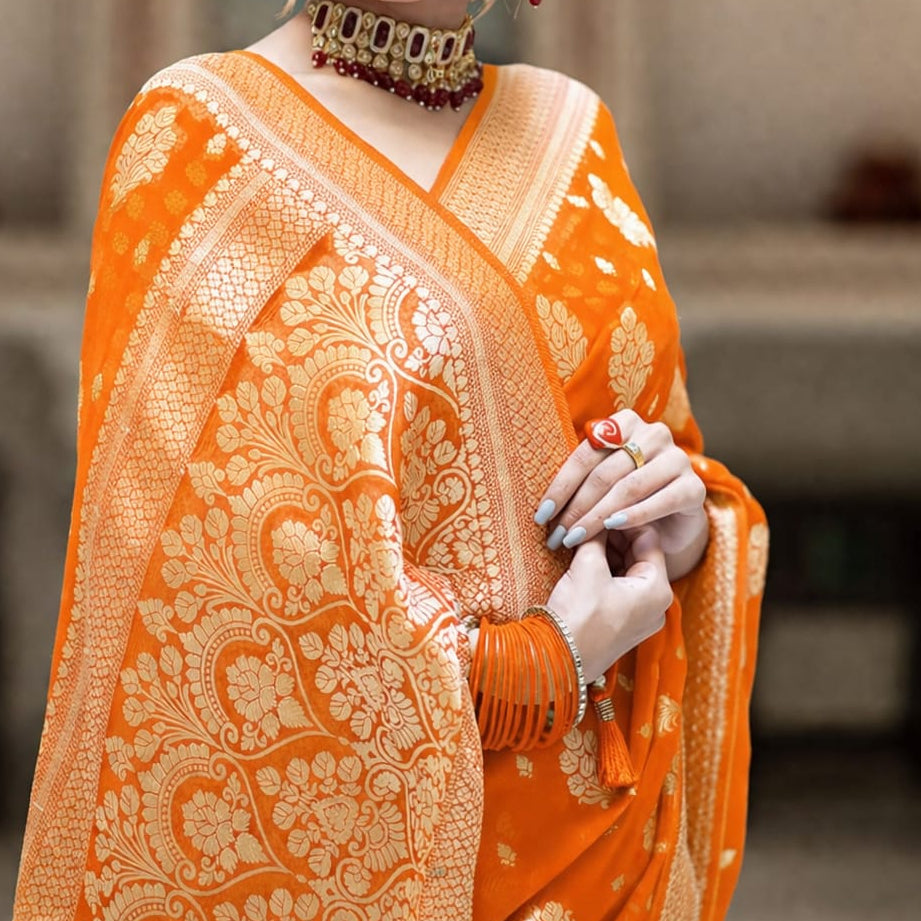Orange Banarasi Georgette Silk Saree - DOBGS082