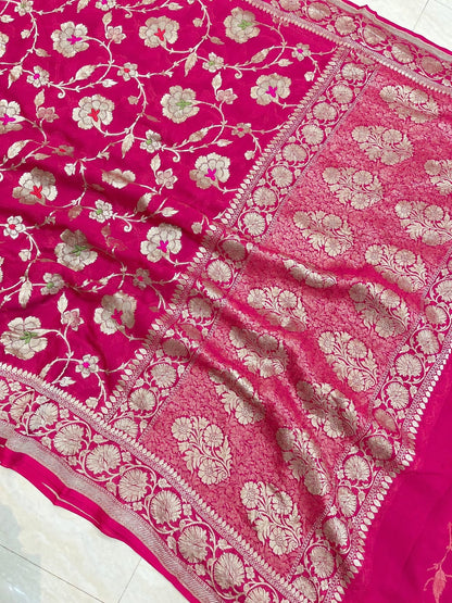 Banarasi Georgette Silk Saree with Silver Mina Jaal Weaving - BGSMJ057