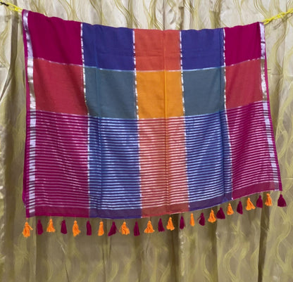 Pure Mulmul Multicolor Checks Saree | Handloom Daily Wear | MMCC002